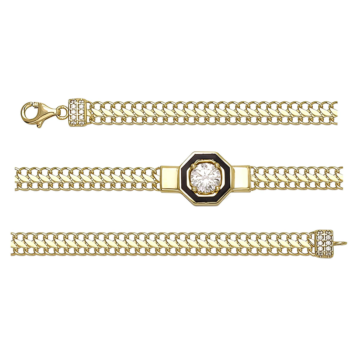 Solid gold fancy link bracelet, 6.45 g — shown in three rows across the frame.