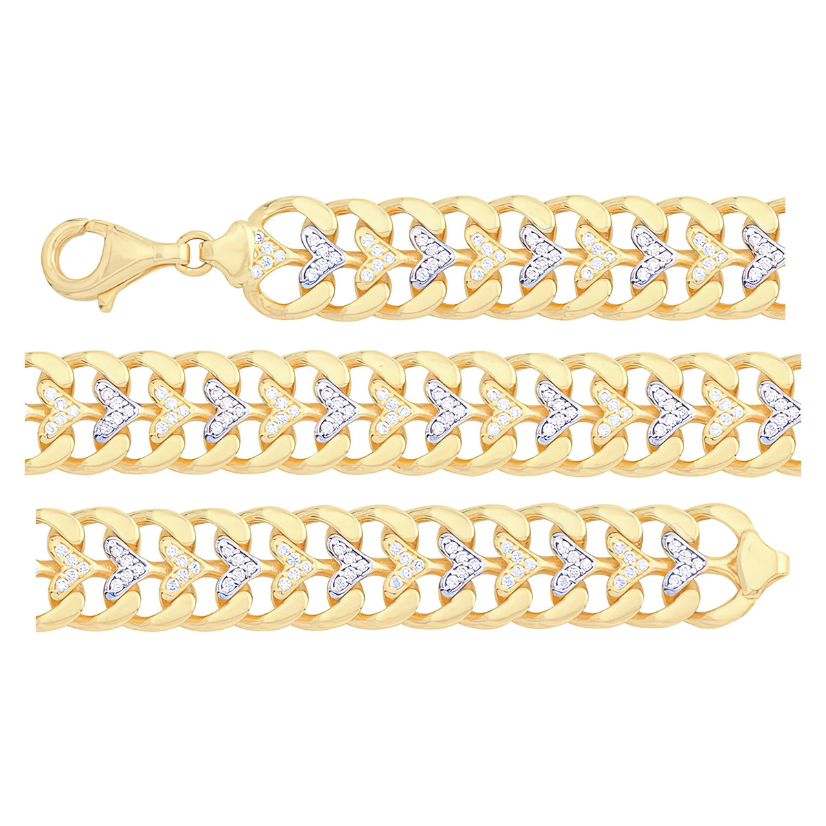 Solid gold curb bracelet, 16.50 g — shown in three rows across the frame.