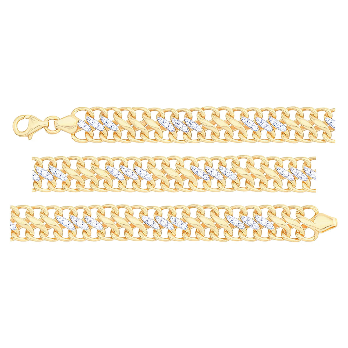 Solid gold curb bracelet, 9.50 g — shown in three rows across the frame.