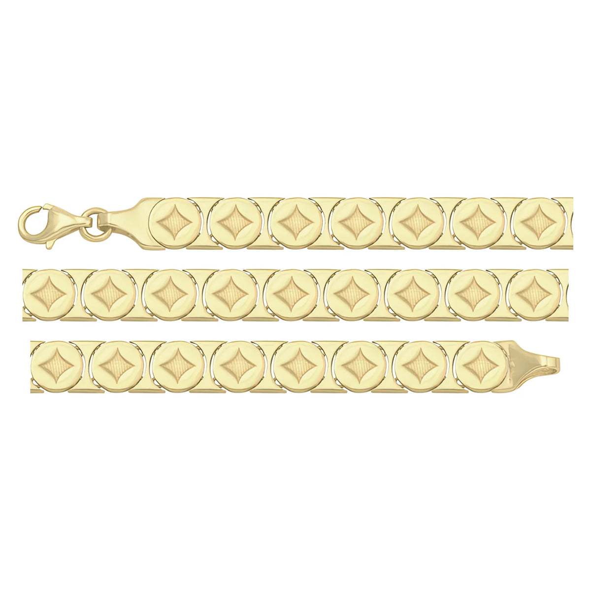 Solid gold fancy link bracelet, 7.15 g — shown in three rows across the frame.