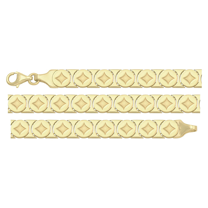 Solid gold fancy link bracelet, 7.15 g — shown in three rows across the frame.
