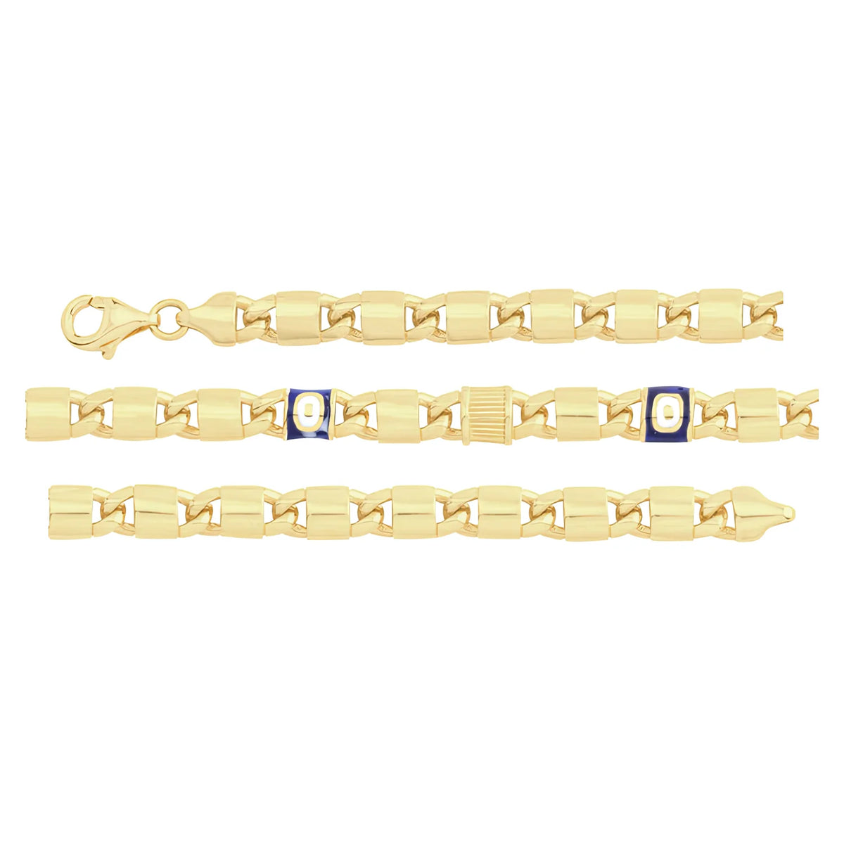 Solid gold fancy link bracelet, 8.20 g — shown in three rows across the frame.