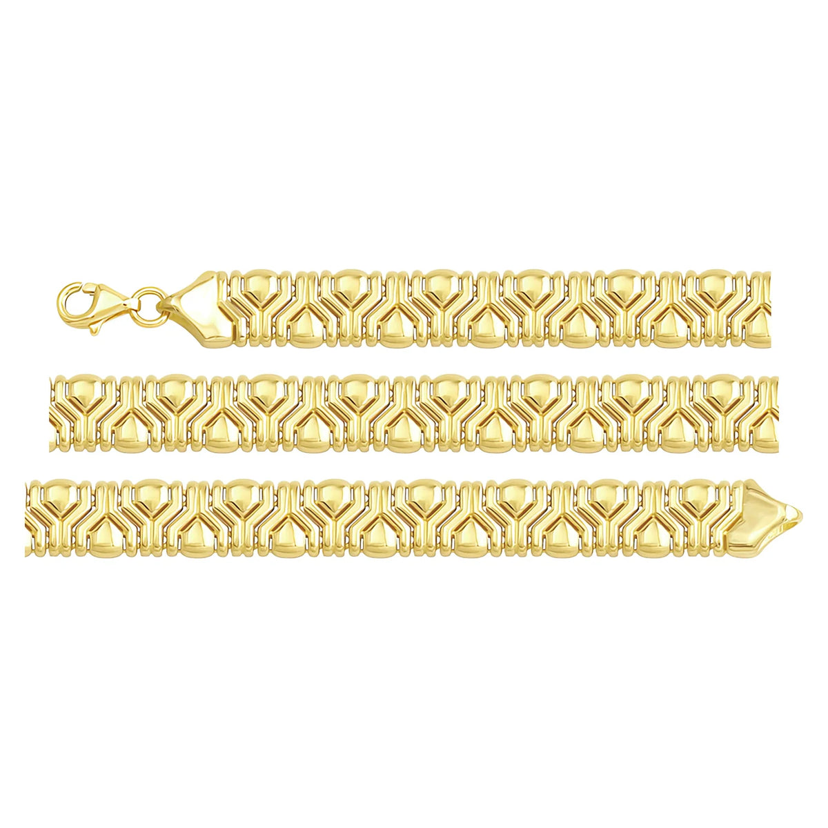 Solid gold fancy link bracelet, 10.20 g — shown in three rows across the frame.