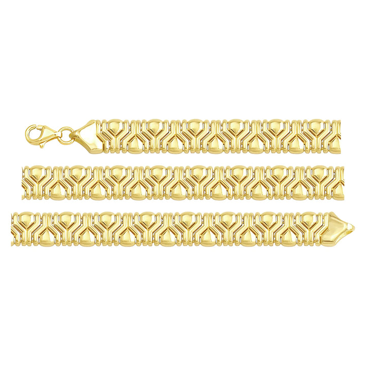 Solid gold fancy link bracelet, 10.20 g — shown in three rows across the frame.