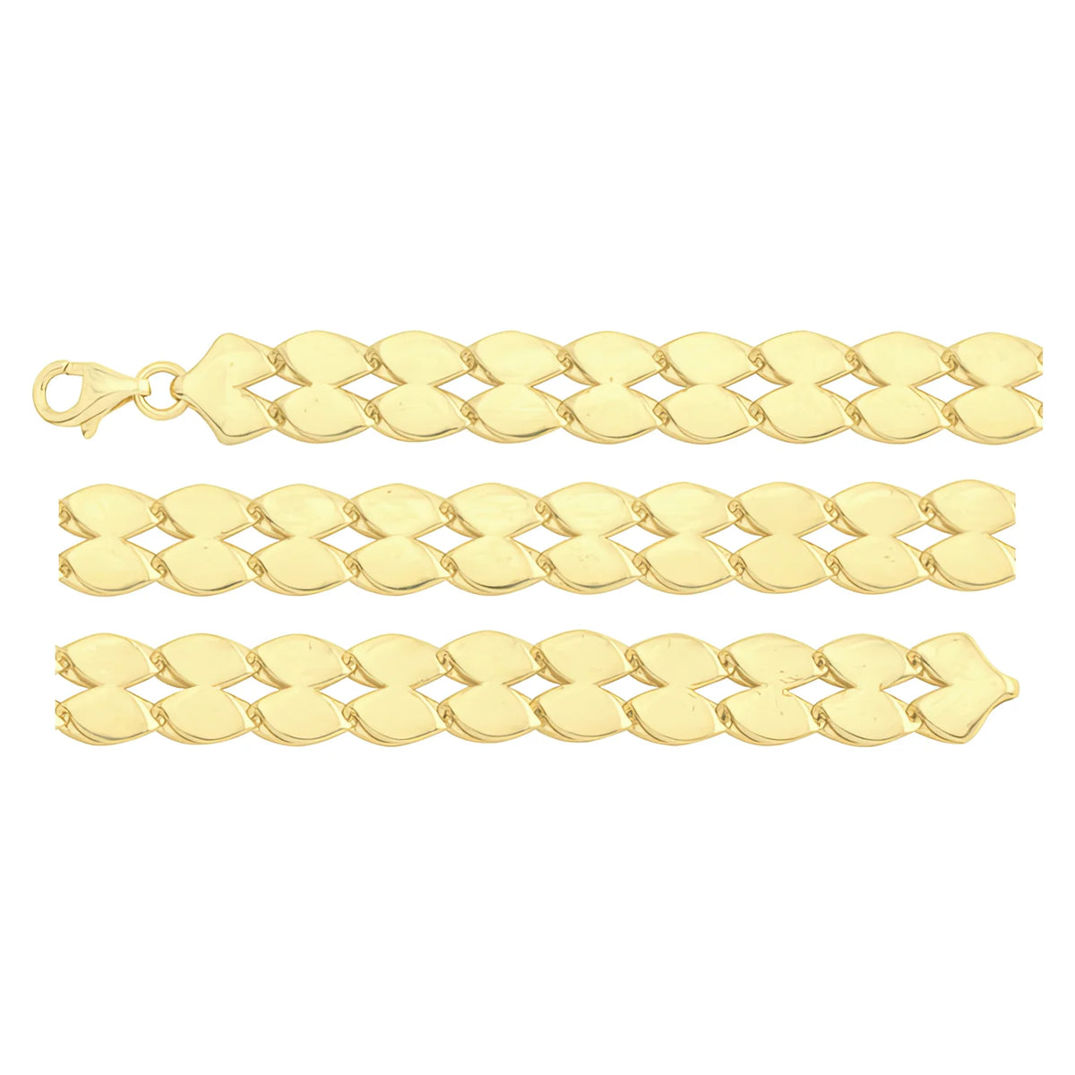 Solid gold braided bracelet, 9.30 g — shown in three rows across the frame.