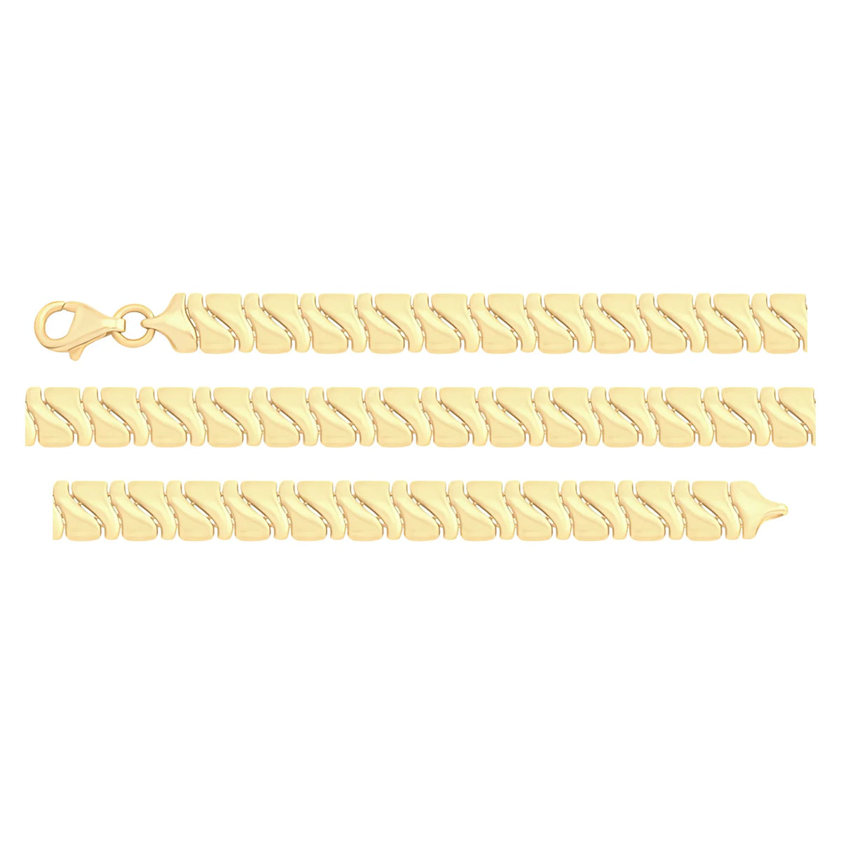 Solid gold braided bracelet, 6.55 g — shown in three rows across the frame.