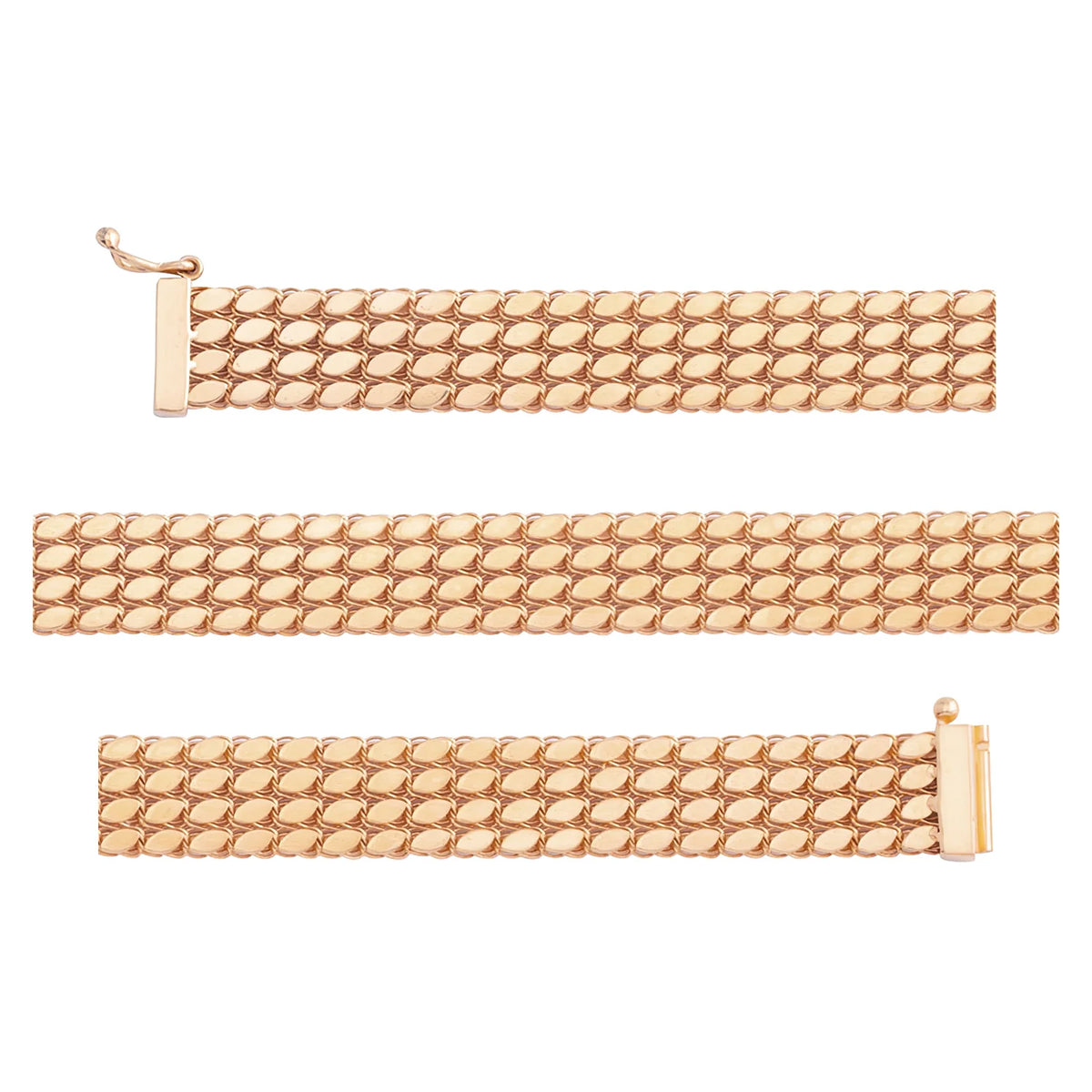 Solid gold braided bracelet, 12.40 g — shown in three rows across the frame.