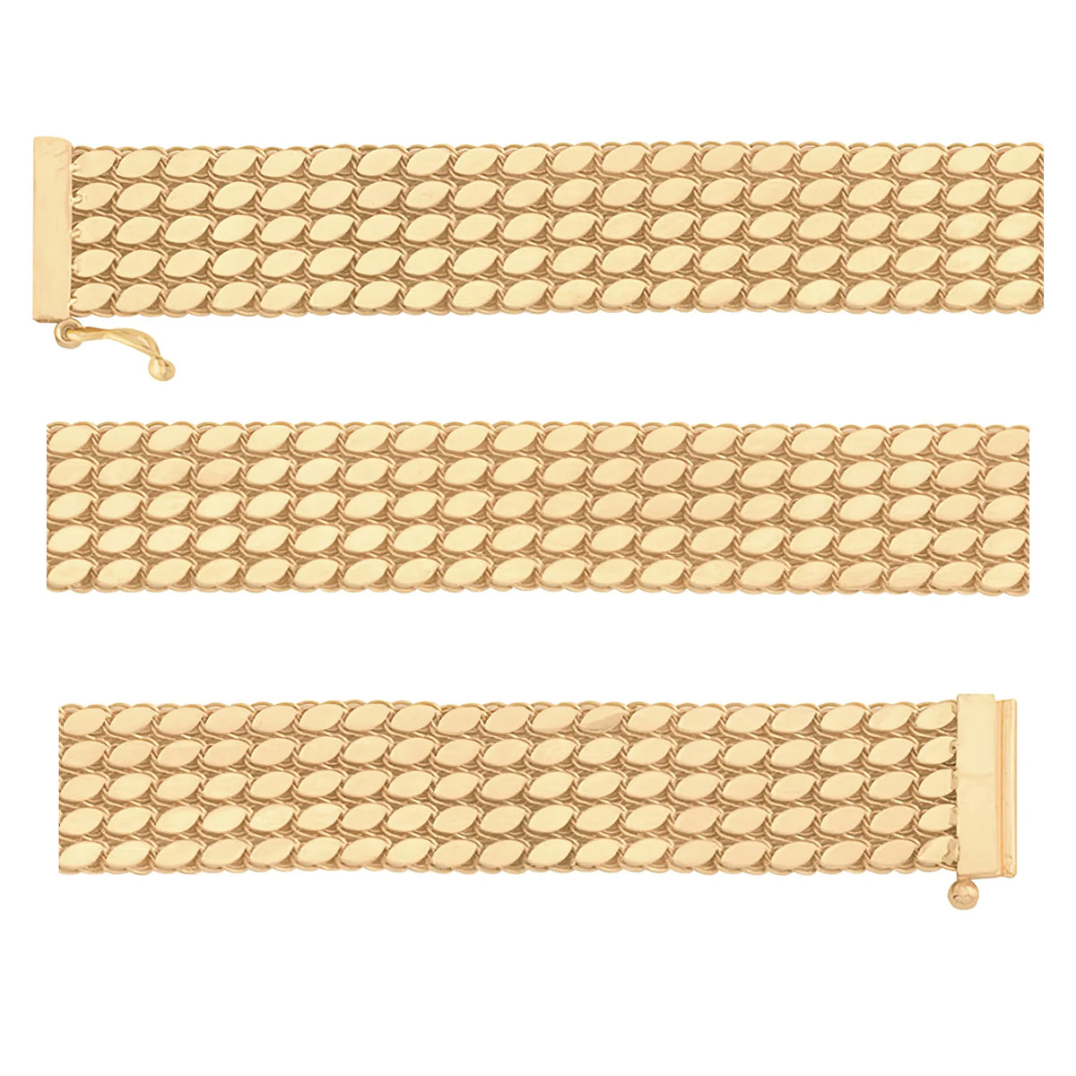 Solid gold braided bracelet, 14.60 g — shown in three rows across the frame.
