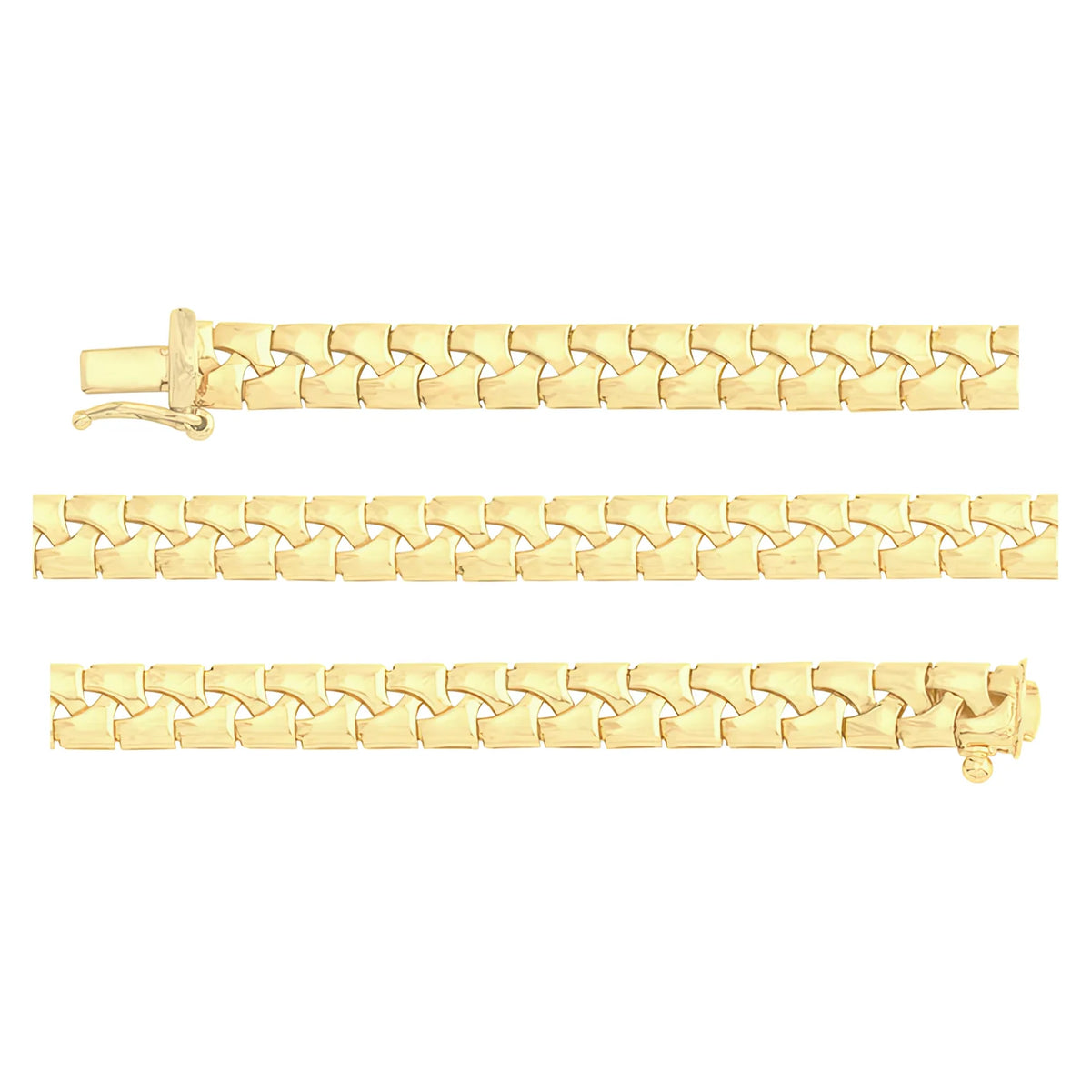 Solid gold braided bracelet, 9.45 g — shown in three rows across the frame.