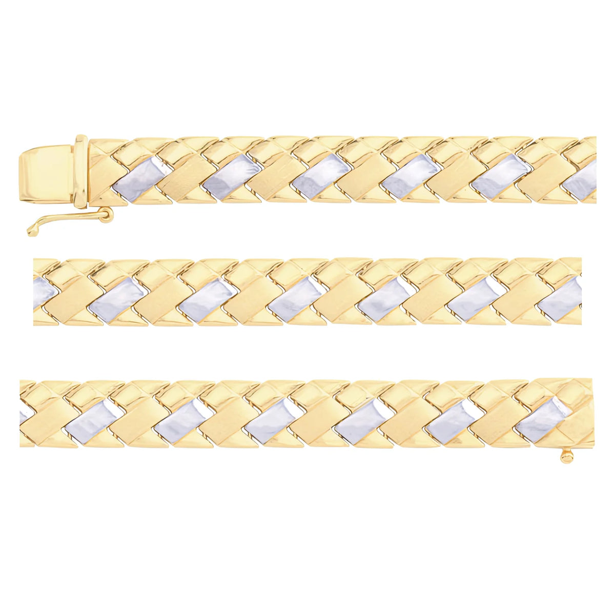 Solid gold braided bracelet, 9.90 g — shown in three rows across the frame.