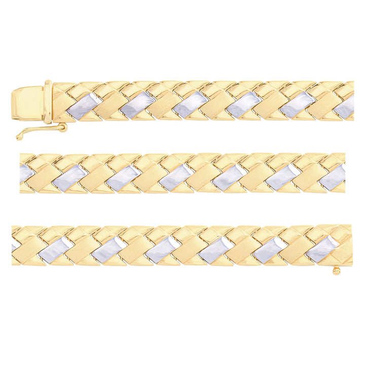 Solid gold braided bracelet, 9.90 g — shown in three rows across the frame.