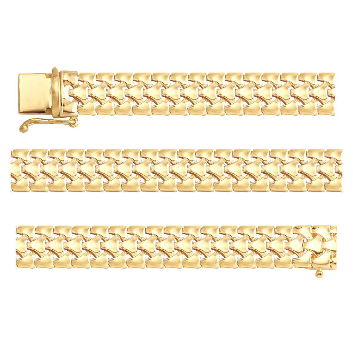 Solid gold brick link bracelet, 14.80 g — shown in three rows across the frame.