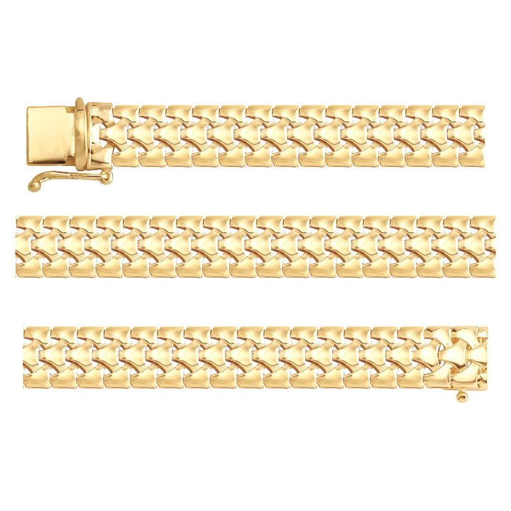 Solid gold brick link bracelet, 14.80 g — shown in three rows across the frame.
