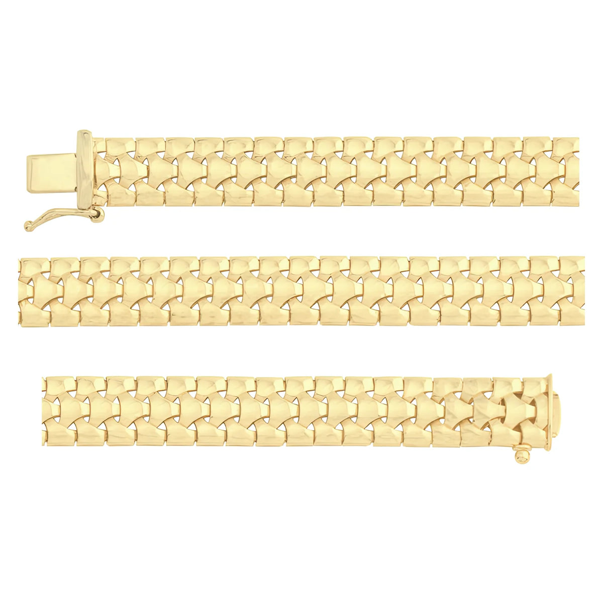 Solid gold fancy link bracelet, 14.25 g — shown in three rows across the frame.