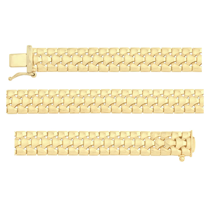 Solid gold fancy link bracelet, 14.25 g — shown in three rows across the frame.