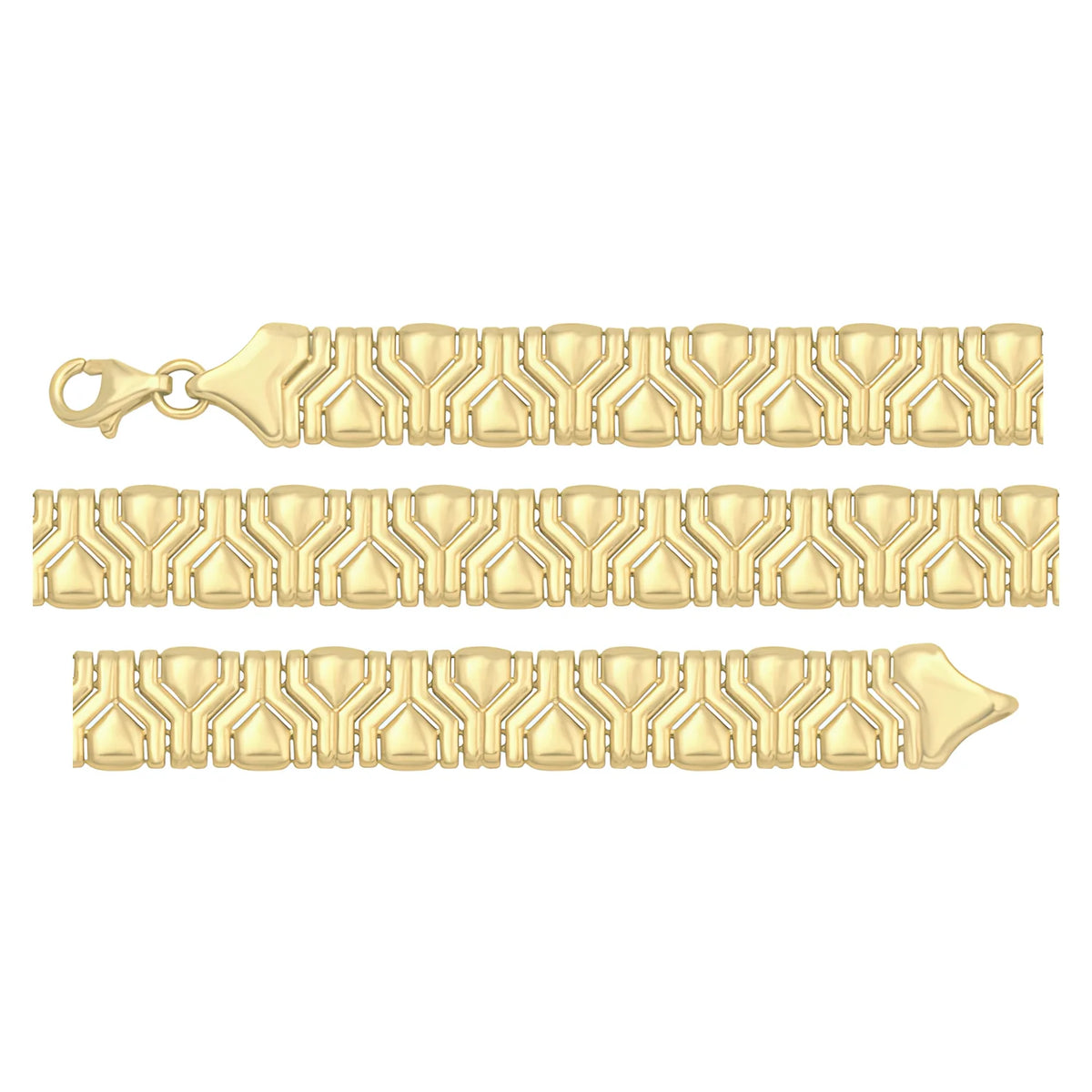 Solid gold fancy link bracelet, 12.30 g — shown in three rows across the frame.