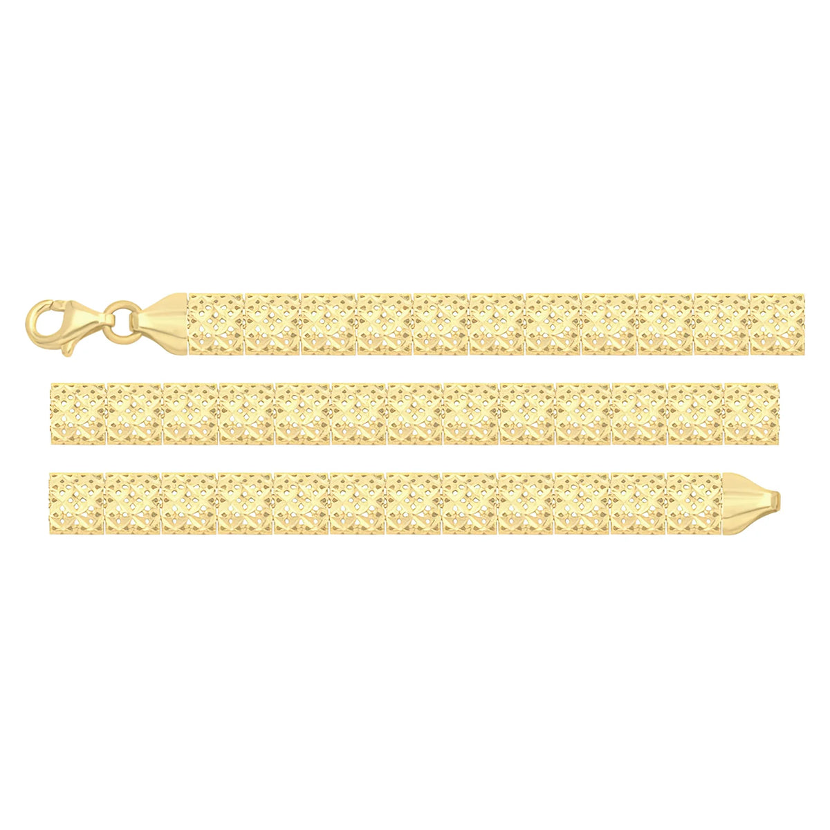 Solid gold fancy link bracelet, 5.60 g — shown in three rows across the frame.