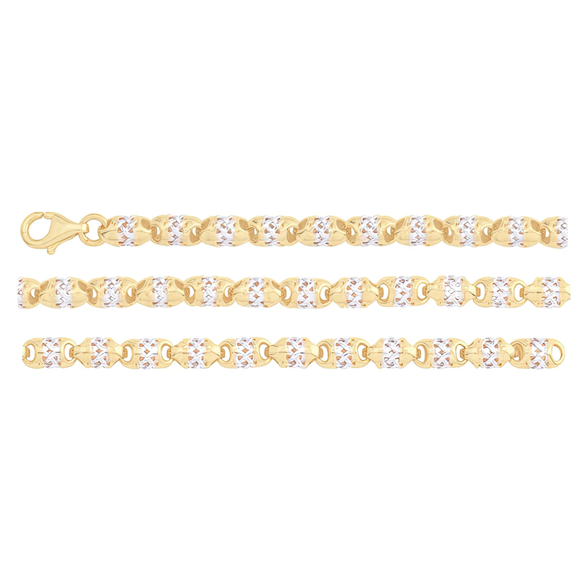 Solid gold fancy link bracelet, 6.10 g — shown in three rows across the frame.