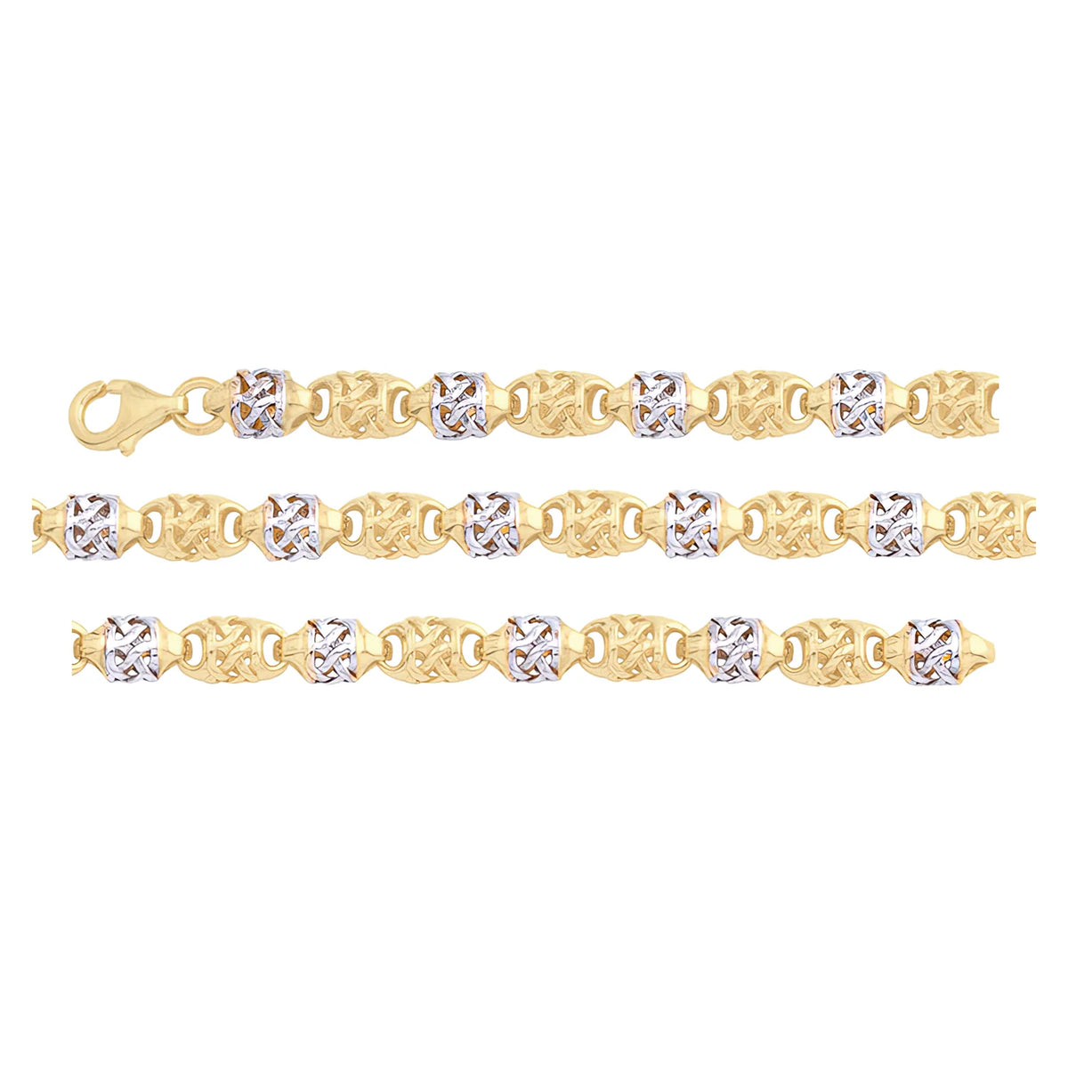 Solid gold fancy link bracelet, 7.10 g — shown in three rows across the frame.