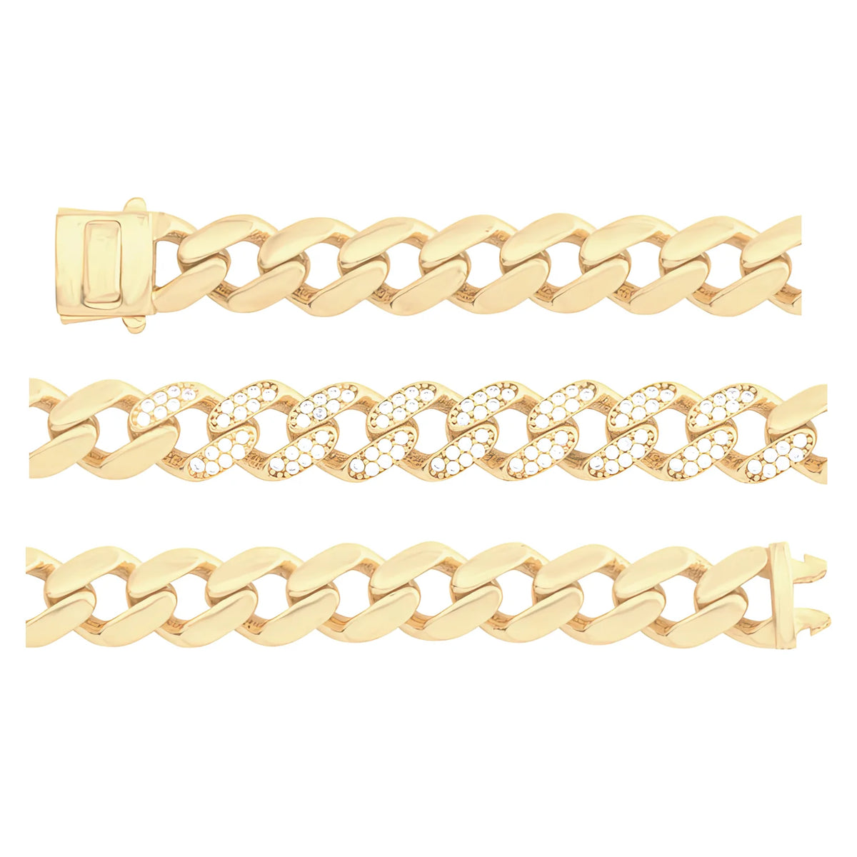 Solid gold curb bracelet, 13.20 g — shown in three rows across the frame.
