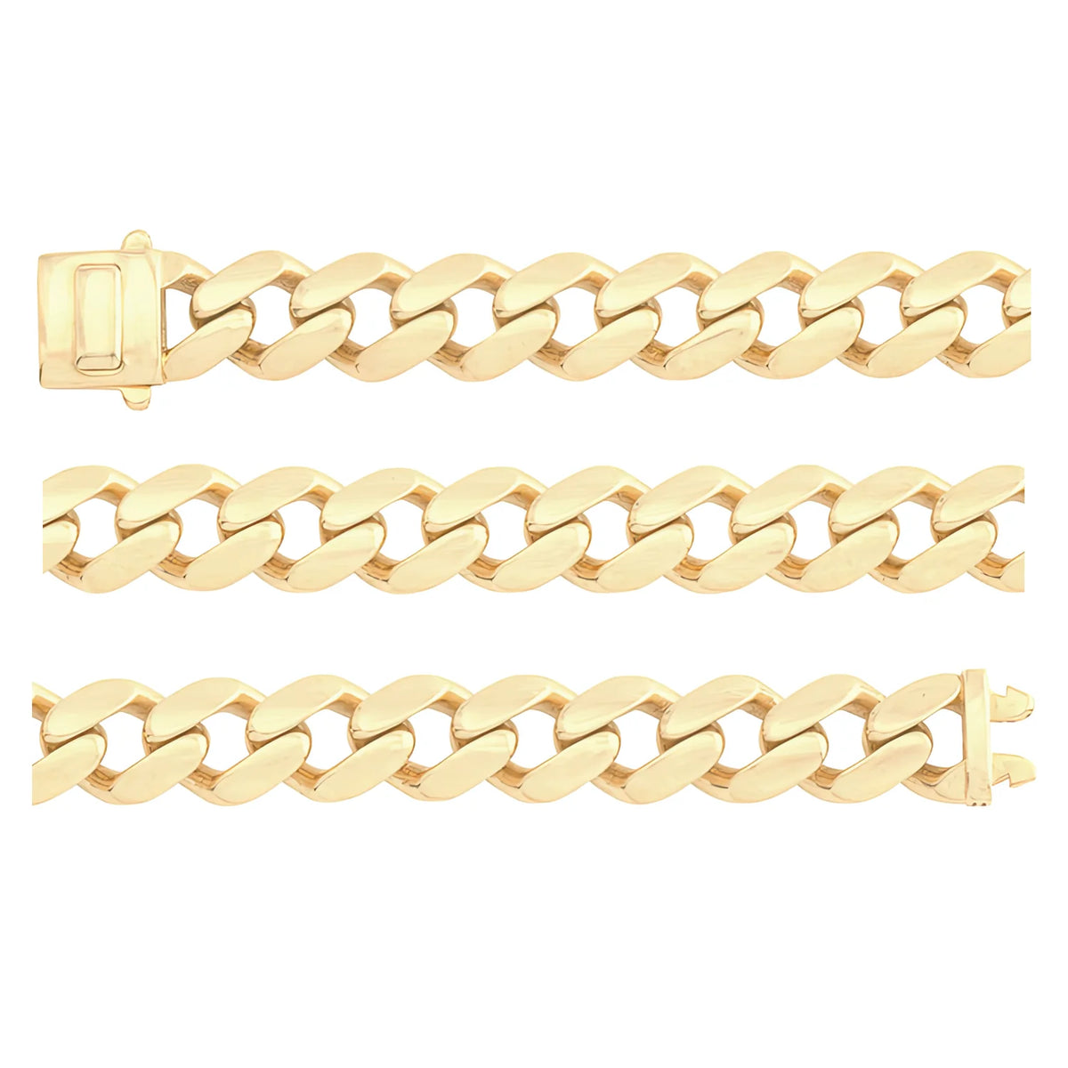 Solid gold curb bracelet, 14.25 g — shown in three rows across the frame.