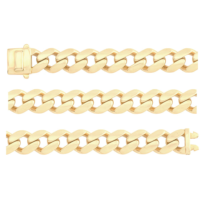 Solid gold curb bracelet, 14.25 g — shown in three rows across the frame.