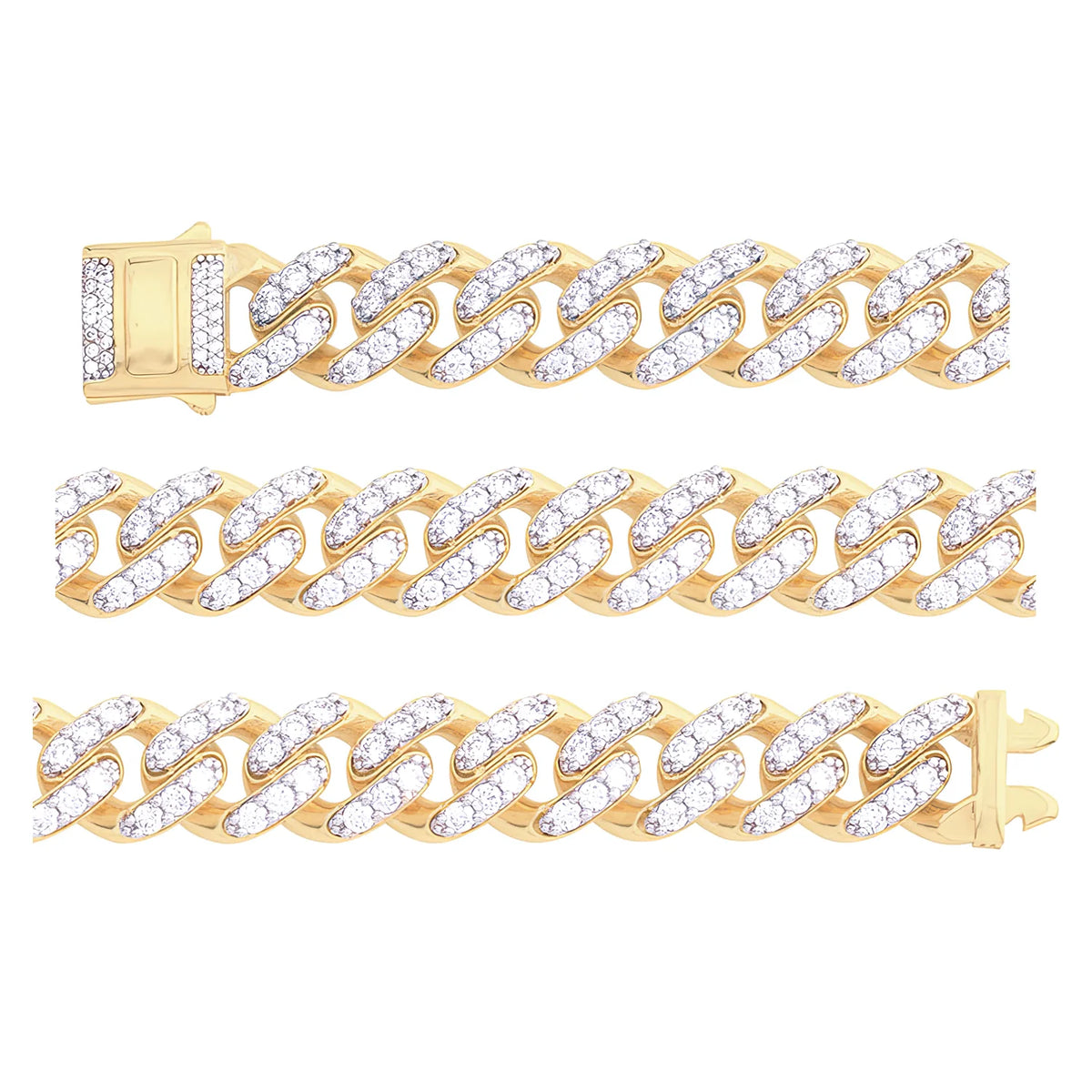 Solid gold curb bracelet, 33.50 g — shown in three rows across the frame.