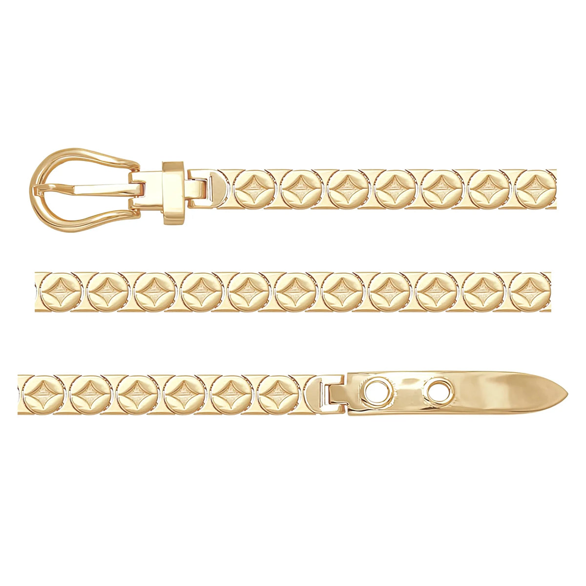 Solid gold fancy link bracelet, 12.75 g — shown in three rows across the frame.