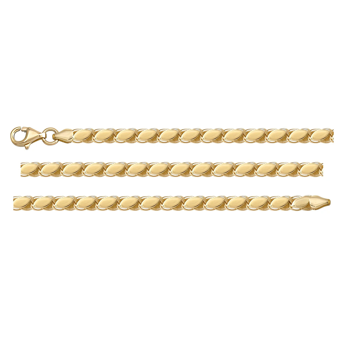 Solid gold braided bracelet, 3.85 g — shown in three rows across the frame.