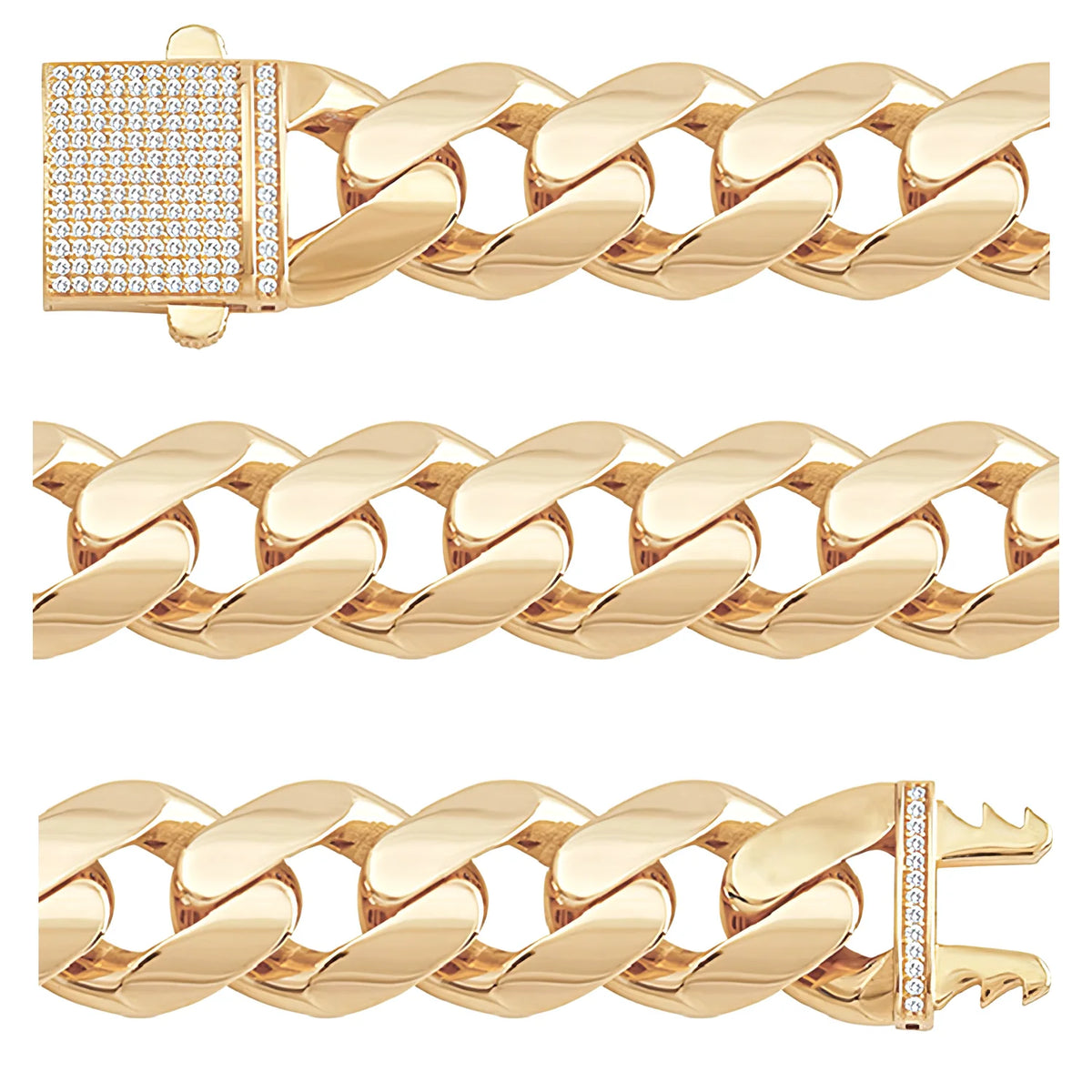 Solid gold curb bracelet, 33.60 g — shown in three rows across the frame.