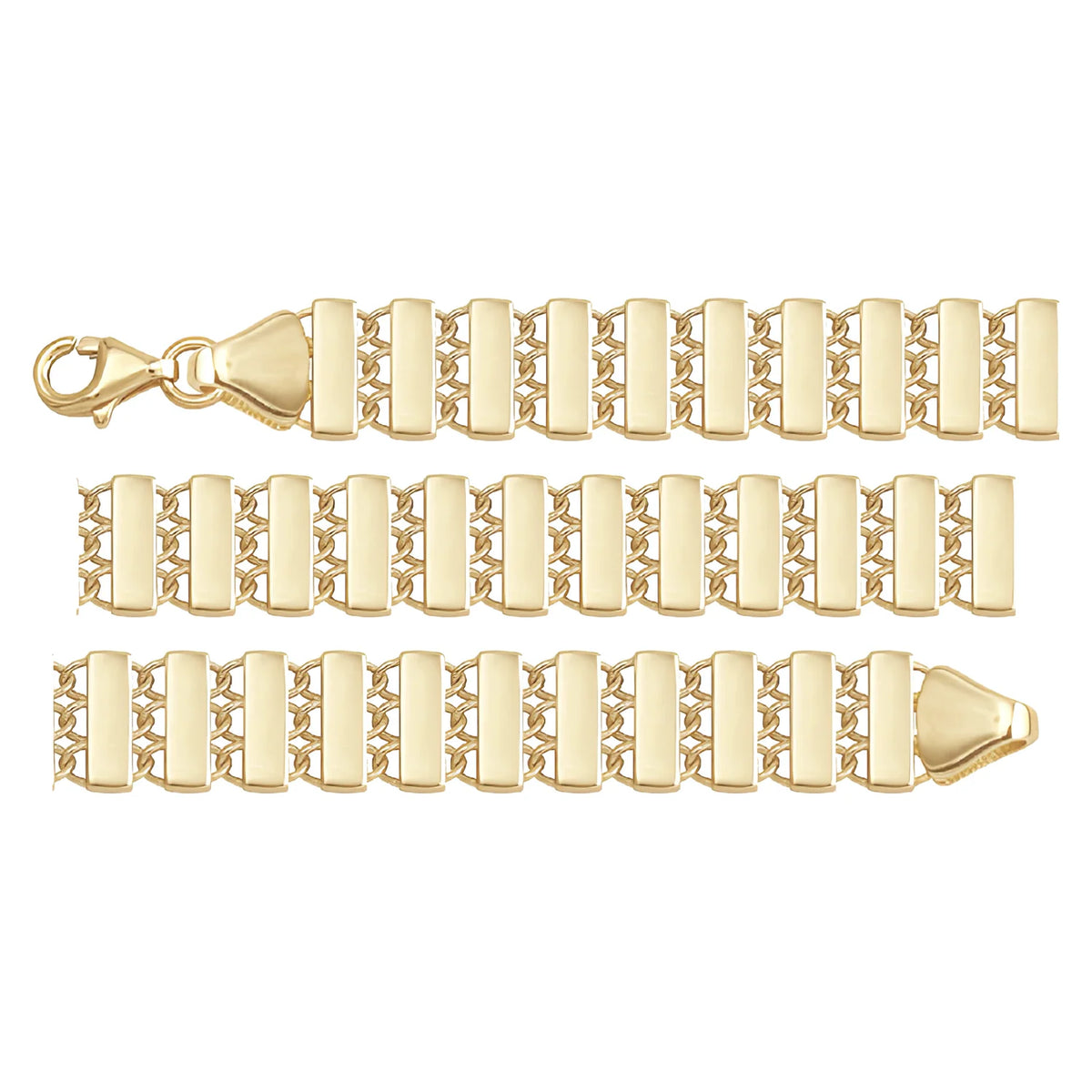 Solid gold id bracelet, 7.10 g — shown in three rows across the frame.