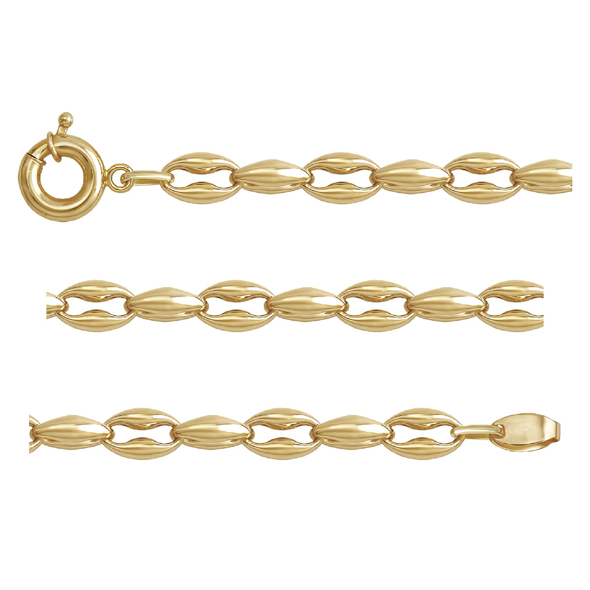 Solid gold mariner bracelet, 7.90 g — shown in three rows across the frame.