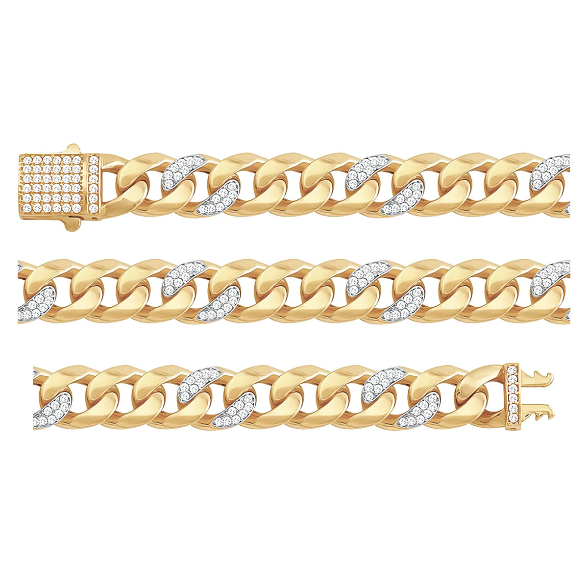 Solid gold curb bracelet, 13.70 g — shown in three rows across the frame.