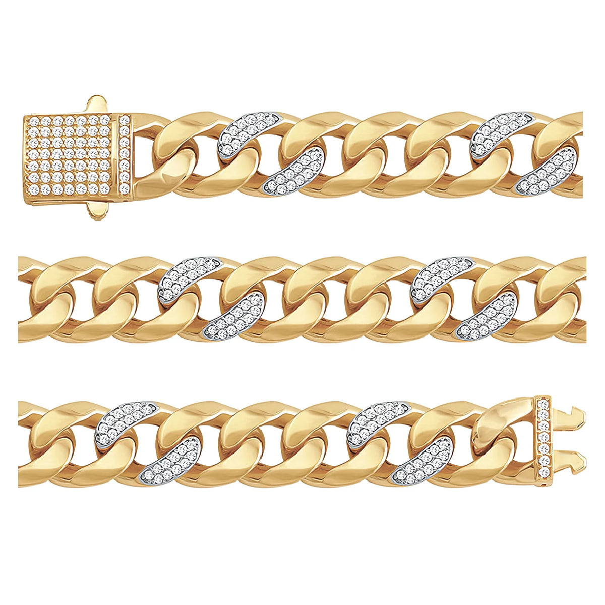 Solid gold curb bracelet, 22.80 g — shown in three rows across the frame.