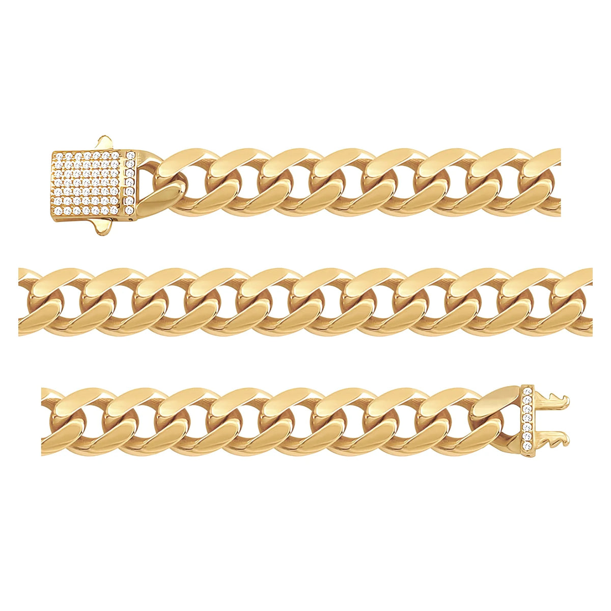 Solid gold curb bracelet, 15.25 g — shown in three rows across the frame.
