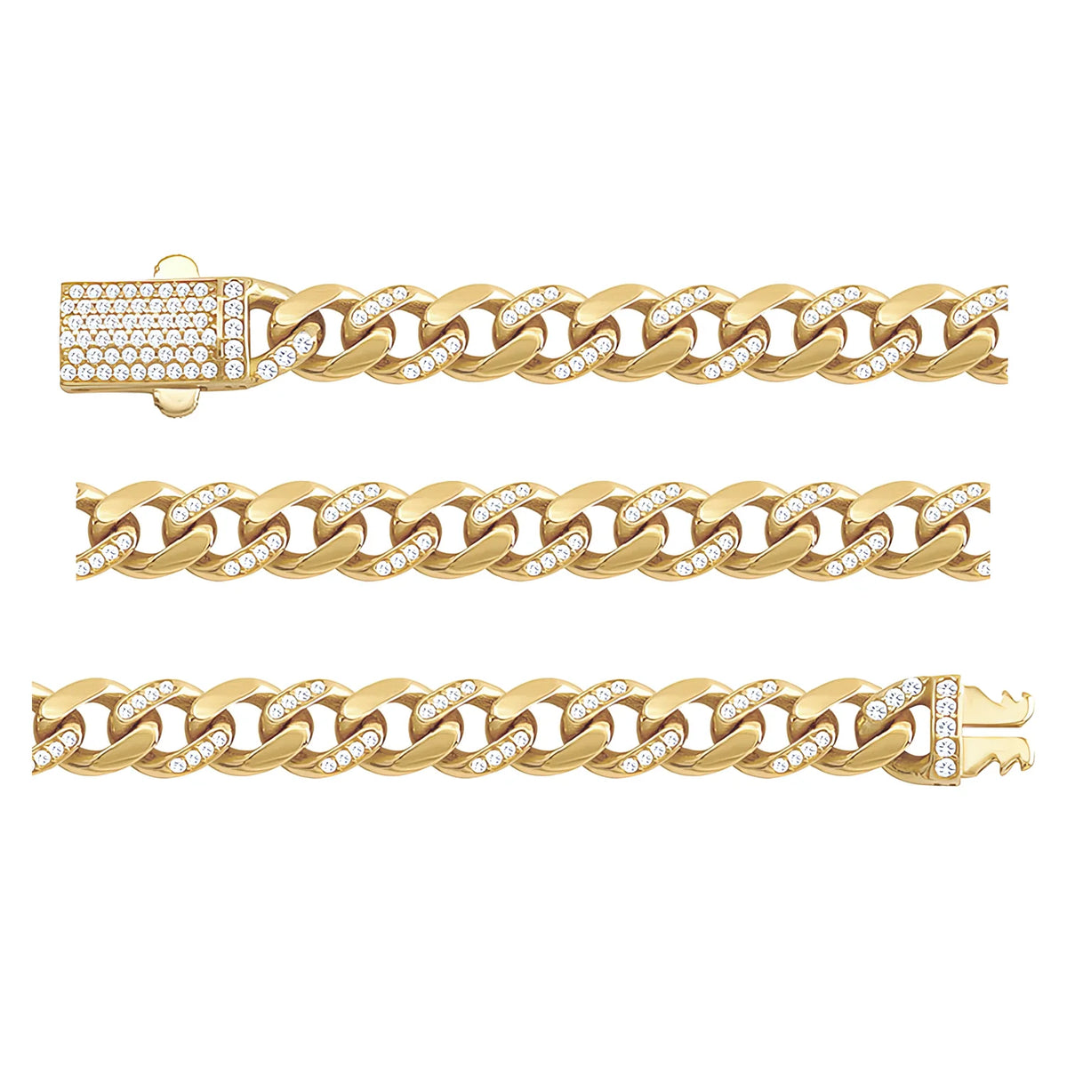 Solid gold curb bracelet, 10.85 g — shown in three rows across the frame.
