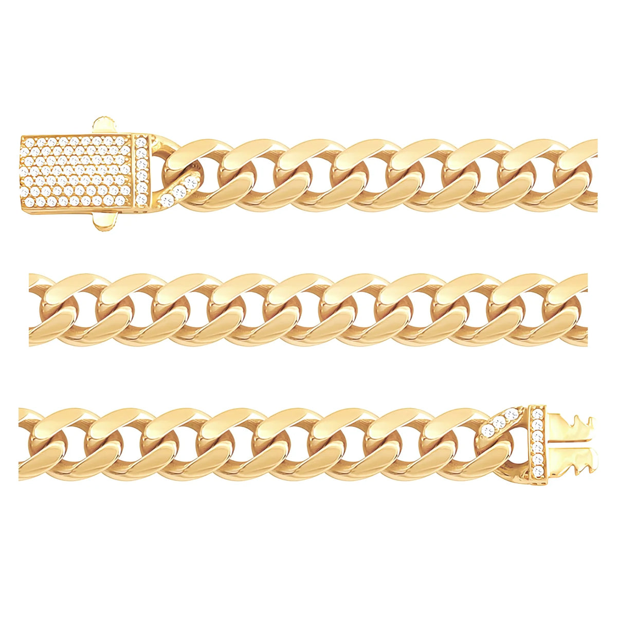 Solid gold curb bracelet, 12.85 g — shown in three rows across the frame.