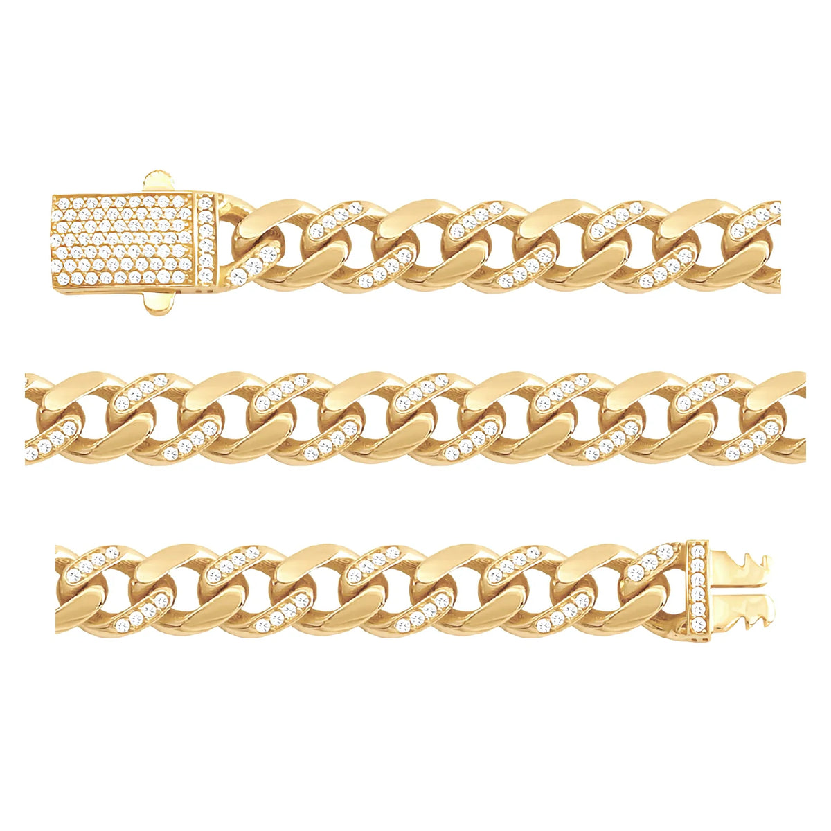 Solid gold curb bracelet, 13.60 g — shown in three rows across the frame.