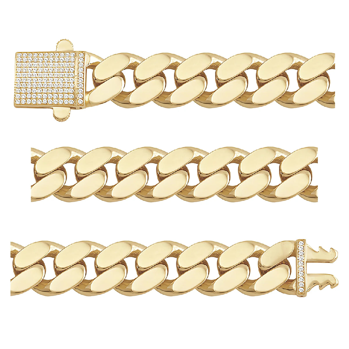Solid gold curb bracelet, 27.50 g — shown in three rows across the frame.