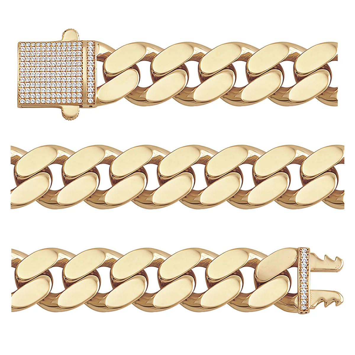 Solid gold curb bracelet, 36.00 g — shown in three rows across the frame.