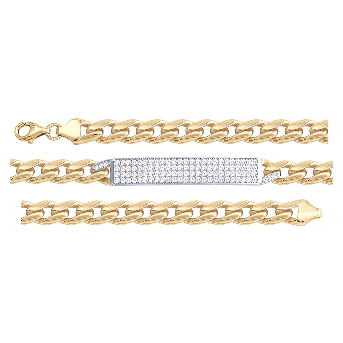 Solid gold tennis bracelet, 9.50 g — shown in three rows across the frame.