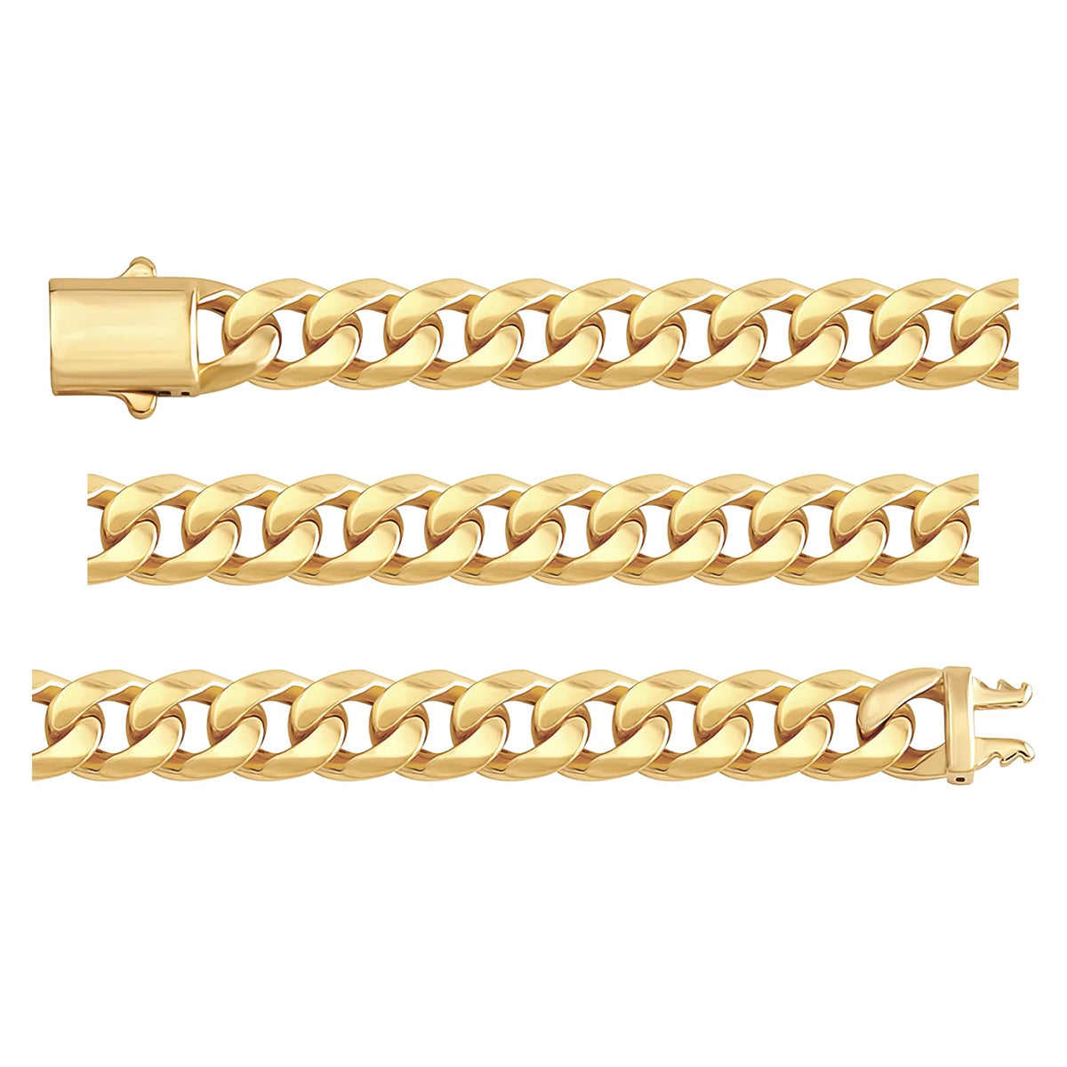 Solid gold curb bracelet, 13.30 g — shown in three rows across the frame.