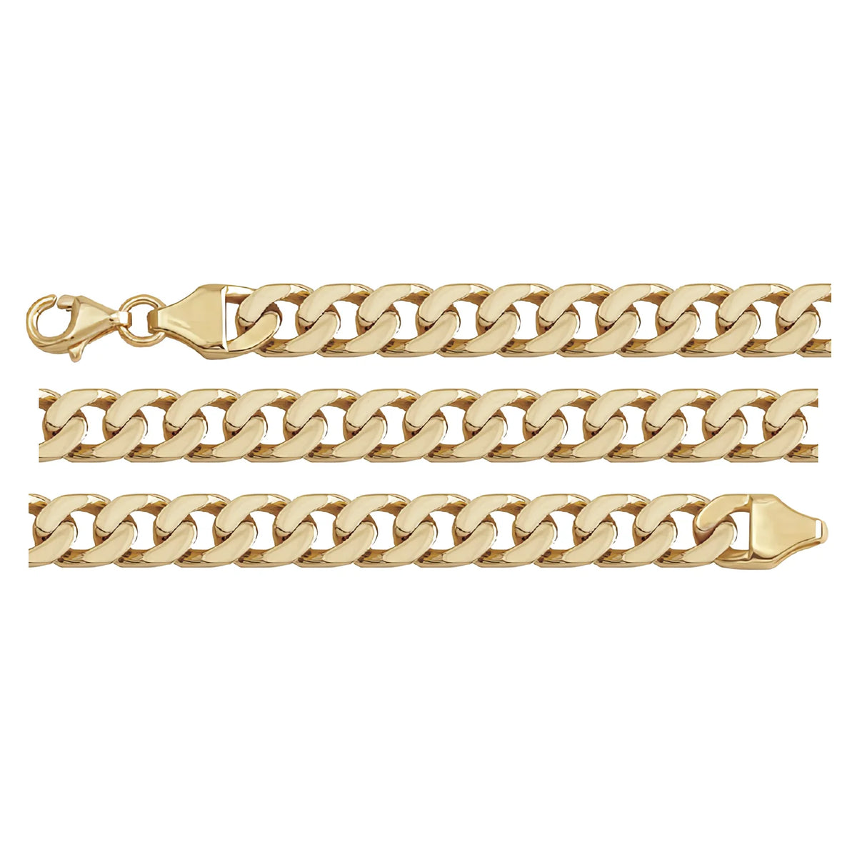 Solid gold curb bracelet, 8.90 g — shown in three rows across the frame.