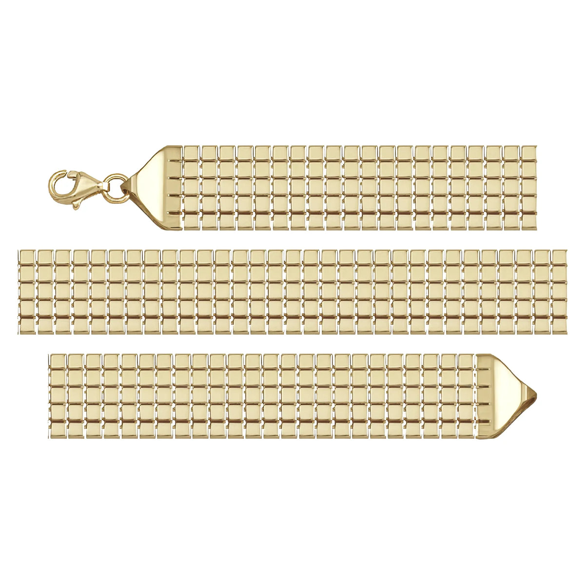 Solid gold brick link bracelet, 9.50 g — shown in three rows across the frame.