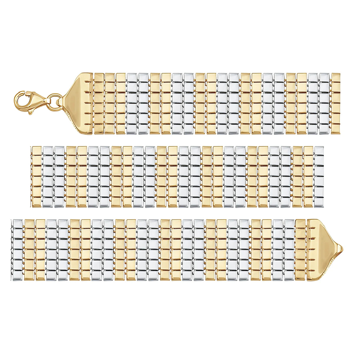 Solid gold brick link bracelet, 11.75 g — shown in three rows across the frame.