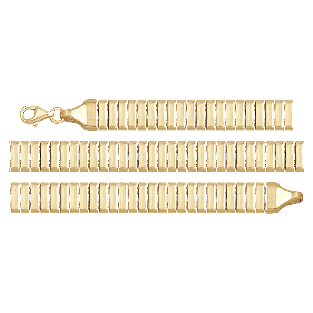 Solid gold bar link bracelet, 12.00 g — shown in three rows across the frame.