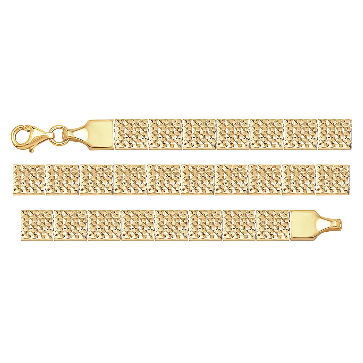 Solid gold brick link bracelet, 7.55 g — shown in three rows across the frame.