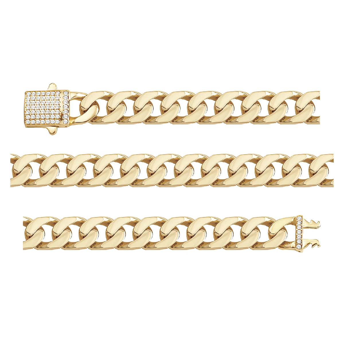 Solid gold curb bracelet, 14.85 g — shown in three rows across the frame.