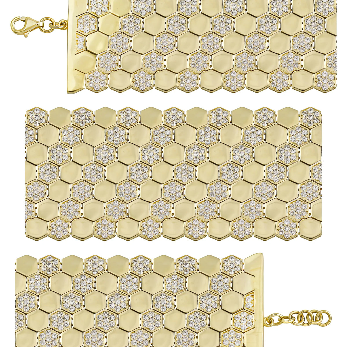 Solid gold honeycomb bracelet, 70.00 g — shown in three rows across the frame.