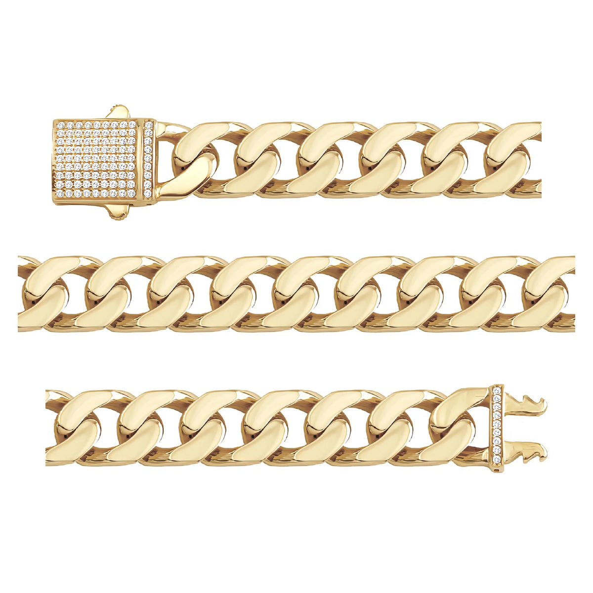 Solid gold curb bracelet, 24.20 g — shown in three rows across the frame.